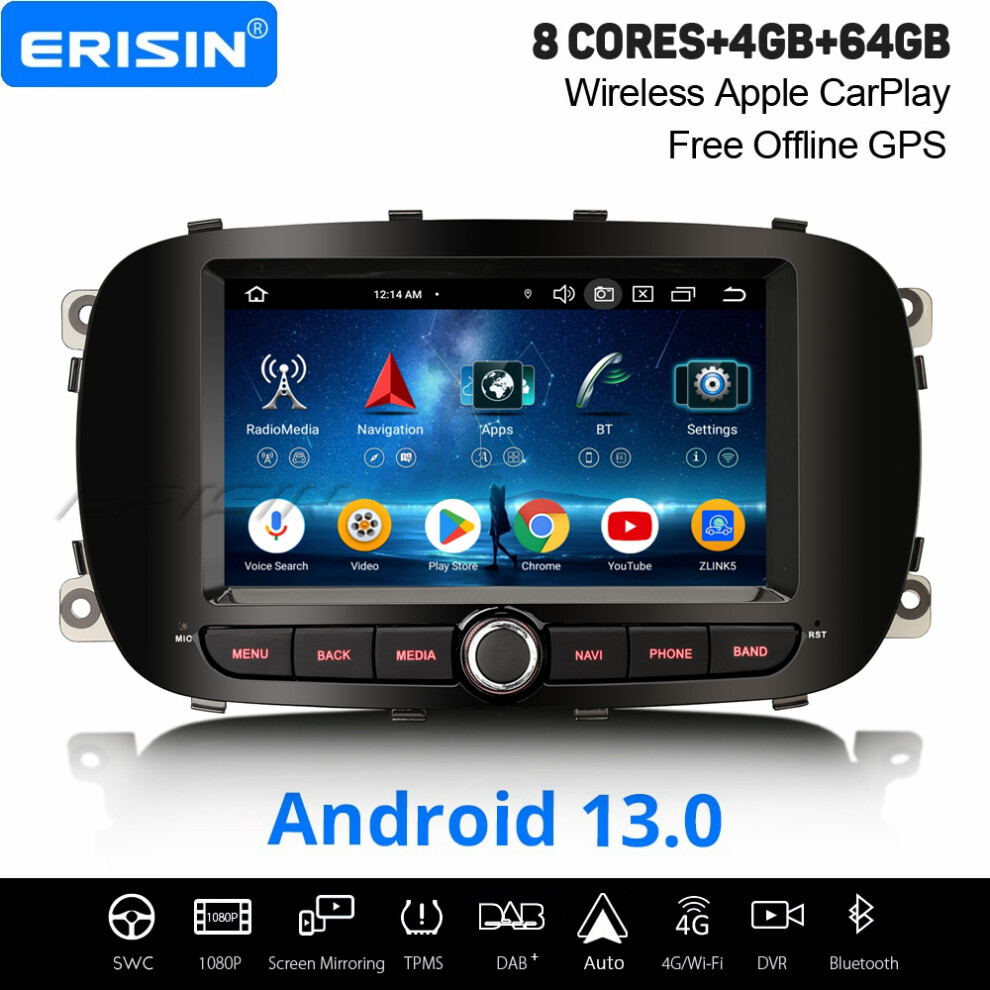 Erisin 4Gb+64Gb 8 Core Android 13 Carplay Car Stereo Gps For Fiat 500X 2014-2020 Dab+ Radio Wifi Dsp Bluetooth Usb 4G Canbus 737655237672