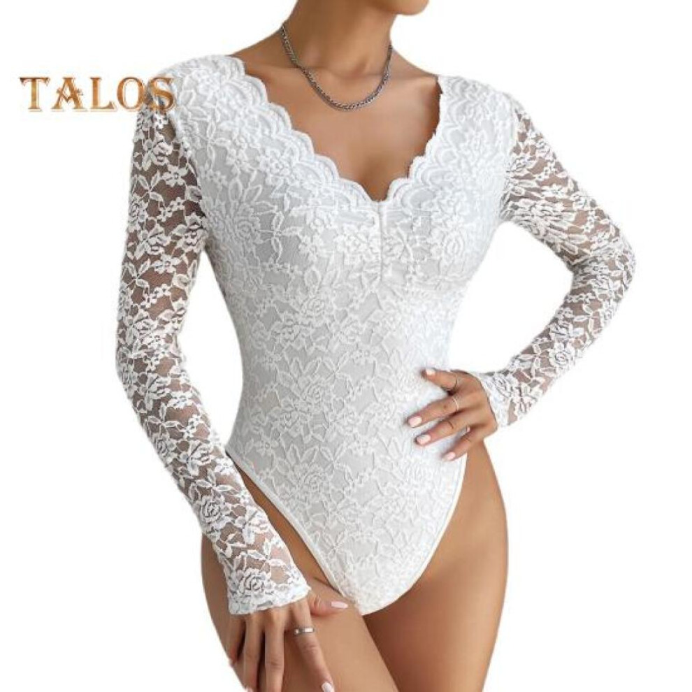 (white, S) Women Bodysuit Flower Embroidery Lace Elastic Deep V Neck See-through Long Sleeve Solid Color Slim Fit Soft Breathable Spring Playsuit