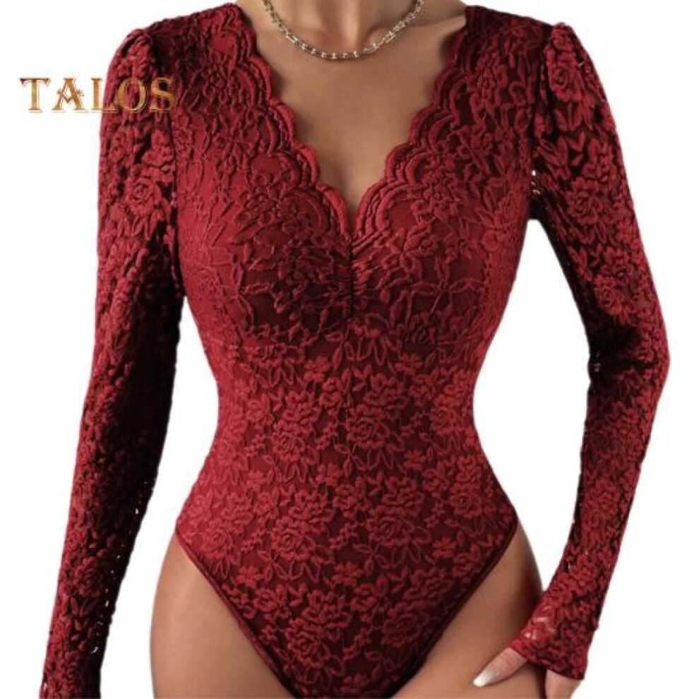(wine red, S) Women Bodysuit Flower Embroidery Lace Elastic Deep V Neck See-through Long Sleeve Solid Color Slim Fit Soft Breathable Spring Playsuit