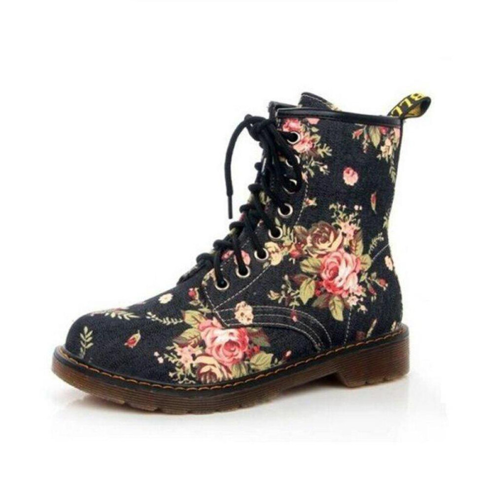 (black, 37) Fashion Autumn Beautiful Flower Shoes Woman Lace-up Motorcycle Cow Muscle Cowboy Flat Ankle Boots