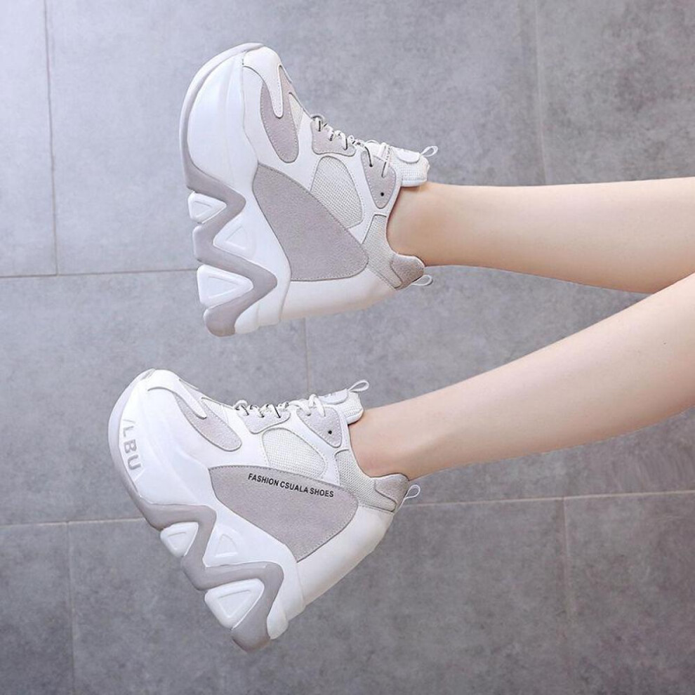 (white, 37) Women High Platform Casual Shoes Lace Up Chunky Sneakers Wedges Hidden Heels Leisure Shoes Summer Hollow Out Women&apos;s Shoes