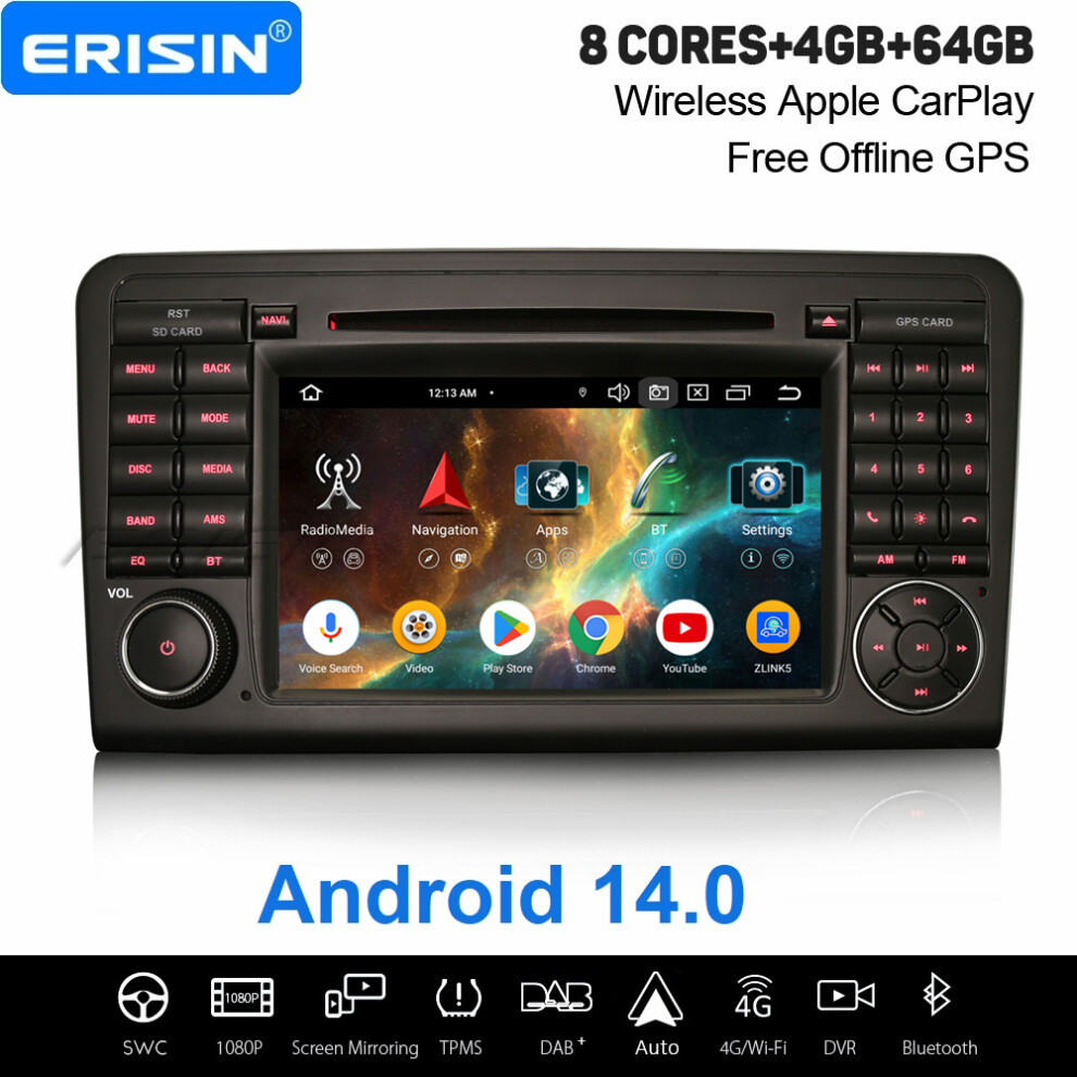 Erisin 4Gb+64Gb 8 Core Android 14 Carplay Car Stereo Gps For Mercedes Benz Ml/Gl-Clase W164 X164 Dab+ Wifi Dsp Bluetooth Dvd Radio 737655250992