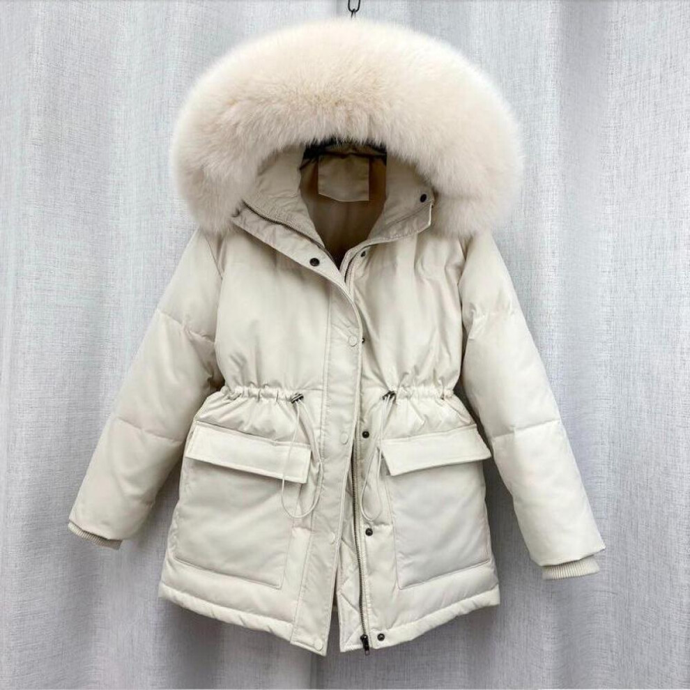 (beige, XXL) Autumn Coats Cotton Padded Fur Parka New Big Fur Collar Down Winter Jacket Women Thick Warm Parkas Female Outerwear