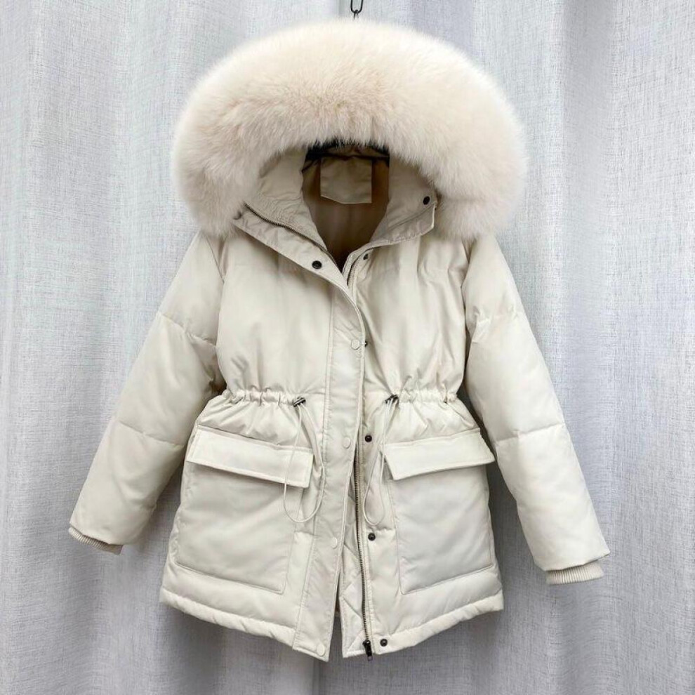 (beige, M) Autumn coats Cotton Padded Fur Parka New Big Fur Collar Down Winter Jacket Women Thick Warm Parkas Female Outerwear