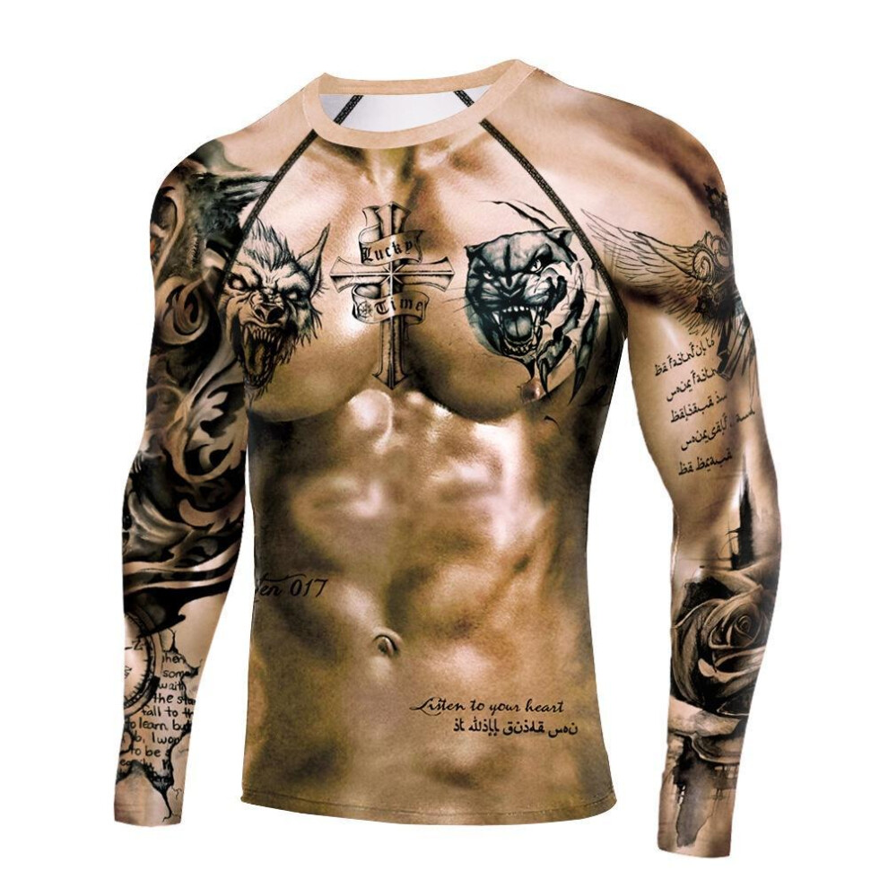 (Wolf-XXL) Mens Compression Shirts Long Sleeve Muscle Tattoo Sportswear Rashguard Fitness Gym Tops Tees