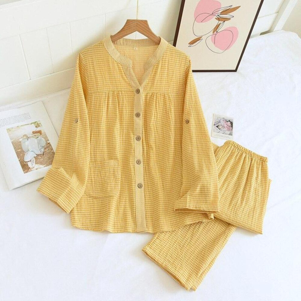(yellow, XL) New Spring And Autumn Ladies Pajamas Set 100%cotton Gauze Four Seasons Long-sleeved Trousers Two-piece Simple Plaid Home Service