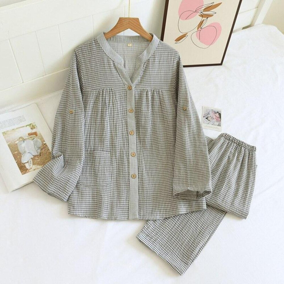 (grey, XL) New Spring And Autumn Ladies Pajamas Set 100%cotton Gauze Four Seasons Long-sleeved Trousers Two-piece Simple Plaid Home Service
