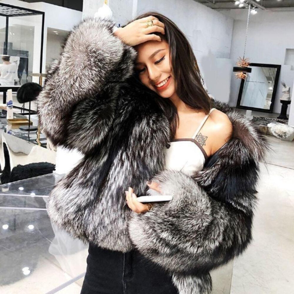 (as the picture, 2XL) Winter Fashion Women&apos;s Artificial Silver Fox Fur Coat Fluffy Thick Warm False Fur Jacket