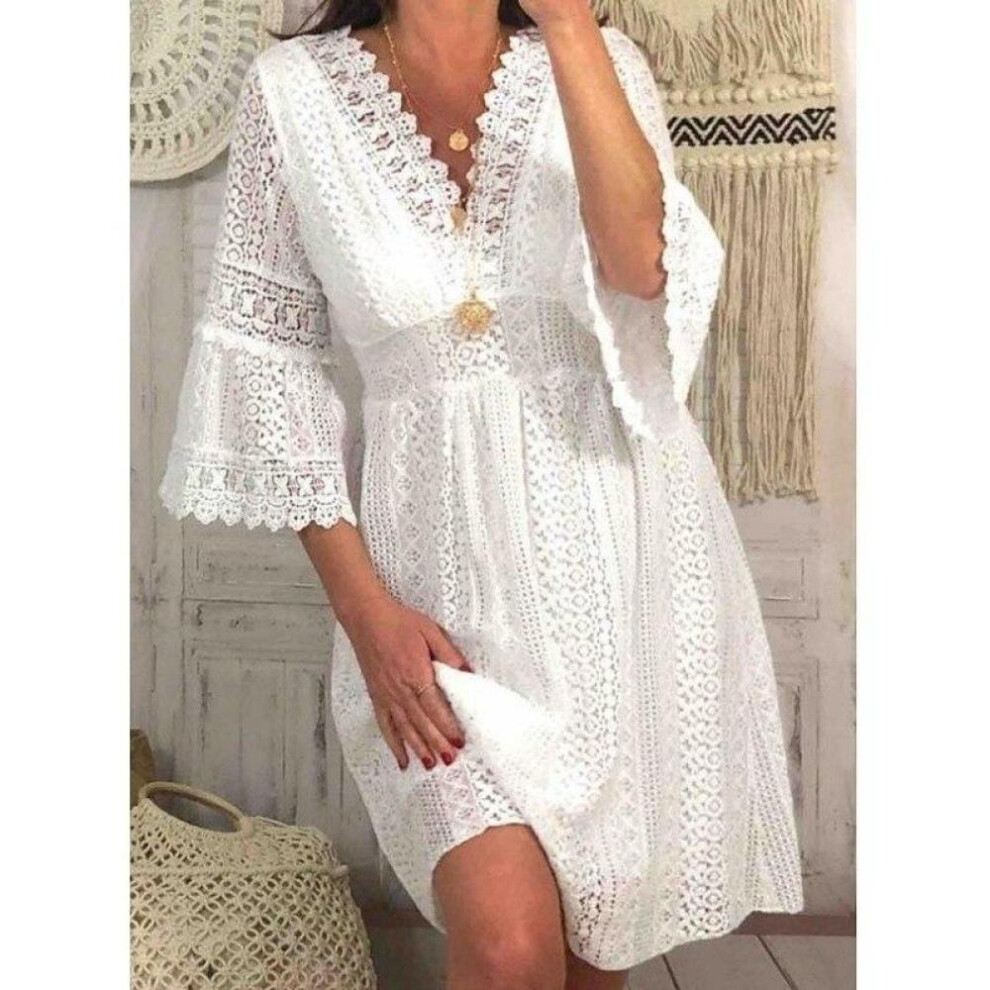 (white, M) Spring High Waist Lace Dress Casual V-neck Flower Hollow White Dress Elegant Flare Three-quarter Sleeve Vintage Dresses 28307