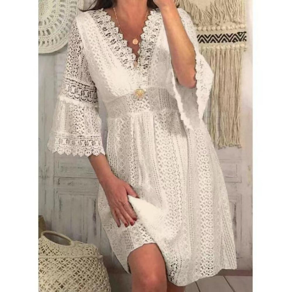 (apricot, XL) Spring High Waist Lace Dress Casual V-neck Flower Hollow White Dress Elegant Flare Three-quarter Sleeve Vintage Dresses 28307