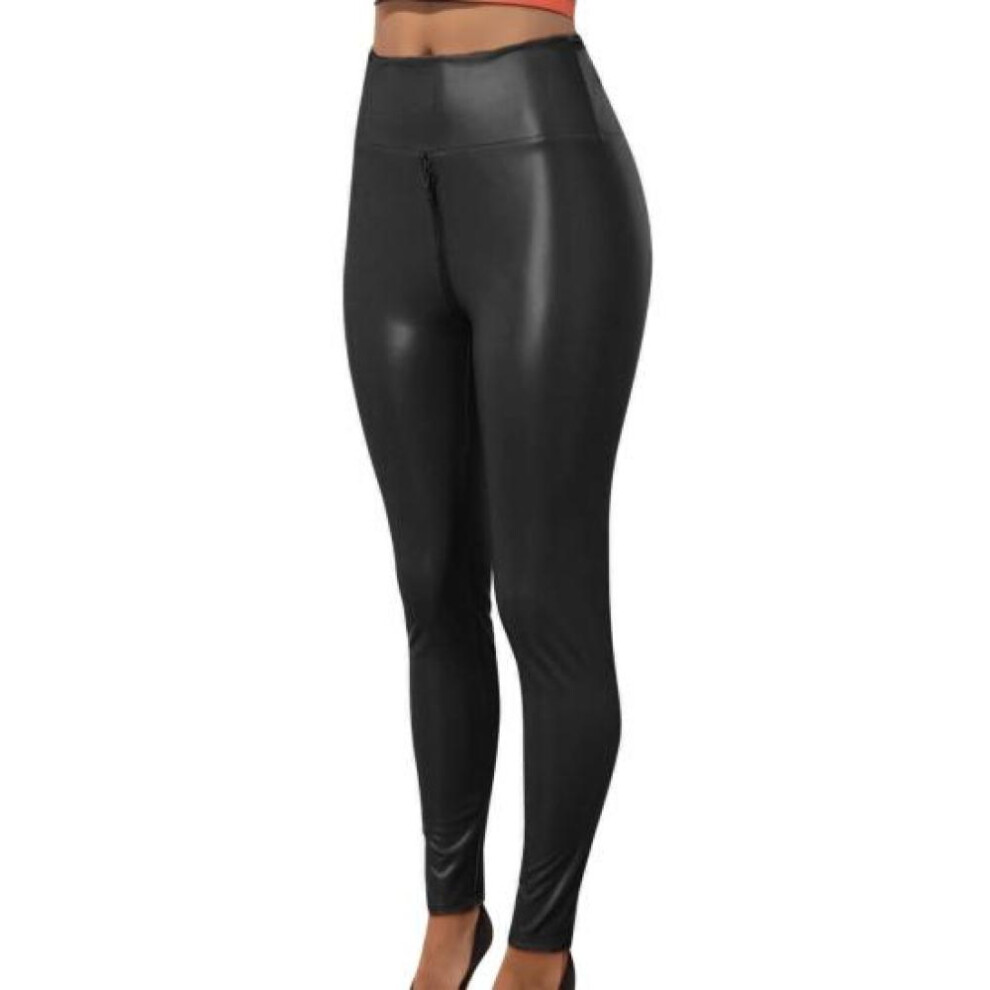 (black, XL) Sexy Women Faux Leather Pants Zipper Open Control Butt-lifted Crotch Skinny Tummy Matte Soft Breathable Exotic Bodycon Trousers Party Nightclub