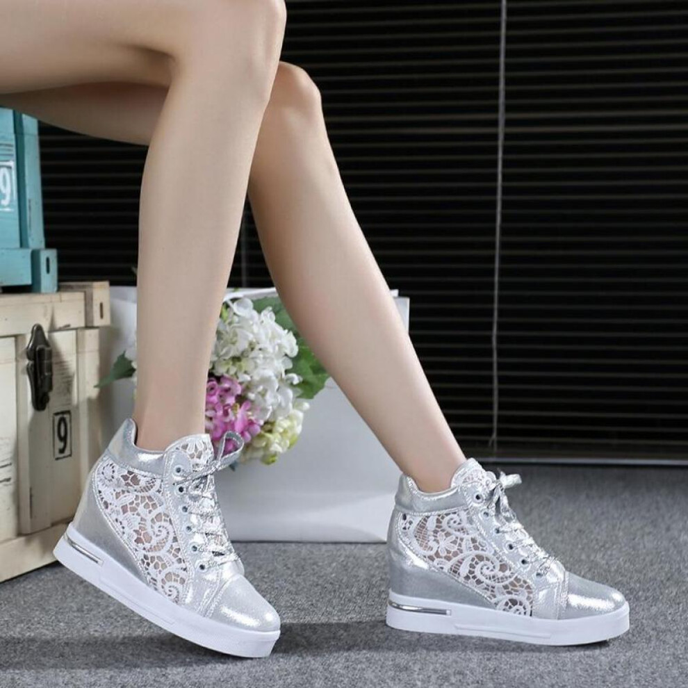 (silver, 40) Summer Women Lace Casual Shoes Woman Breathable Mesh Sneakers Flats Lace Loafers High Heels Platform Wedges Ladies Creepers