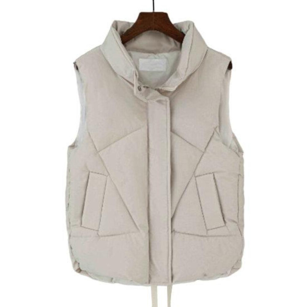 (white, L) Women Cotton Padded Waistcoat Stand Jacket Pockets Collar Sleeveless Vest Zipper Buttons Placket Windproof Warm Vest Coat