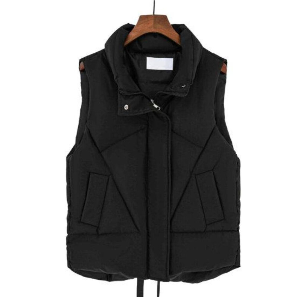 (black, L) Women Cotton Padded Waistcoat Stand Jacket Pockets Collar Sleeveless Vest Zipper Buttons Placket Windproof Warm Vest Coat