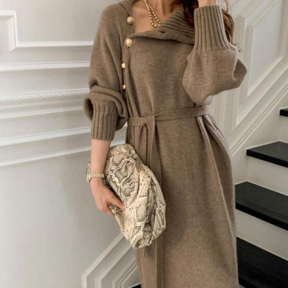 (khaki, M) Autumn Knitwear Dress Women Long Sleeve Turtleneck Sweater Dress Winter Knit Korean Fashion Loose Tunic Pullover
