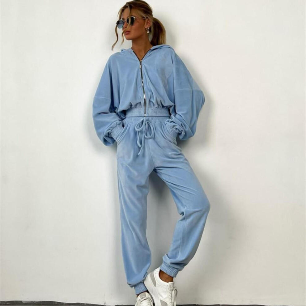 (blue, S) Women Solid Color Long Sleeve Hooded V Neck Hoodies Suit Autumn Winter Loose Top Wide Leg Pants
