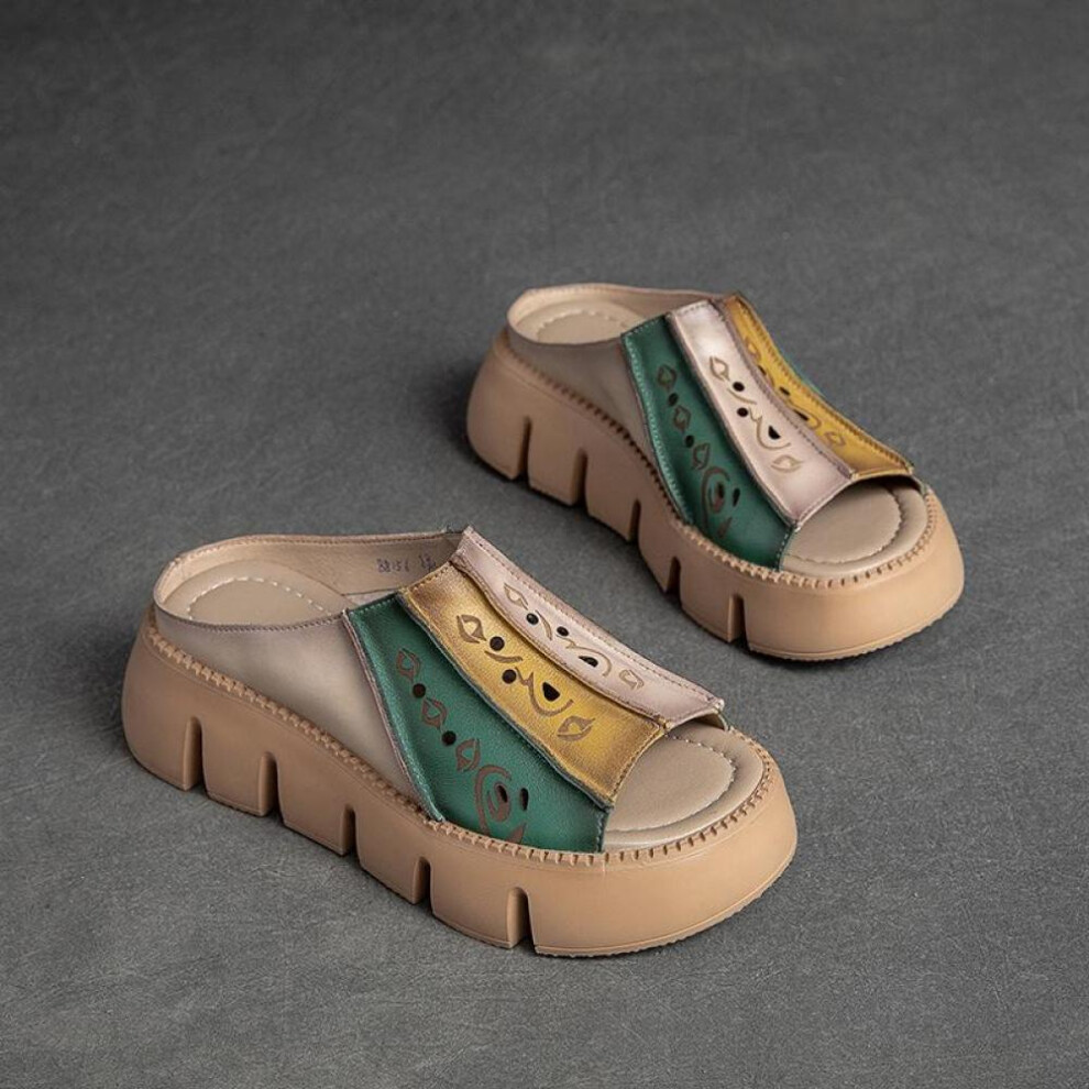 (green, 36) Johnature Genuine Leather Thick Soles Sandals Women Retro Wedges Slides Comfortable Outdoor Platform Slippers