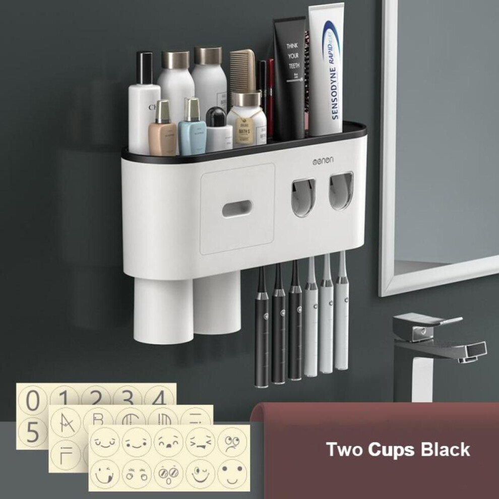 (black, 2 Cups) Magnetic Adsorption Inverted Toothbrush Holder Double Automatic Toothpaste Squeezer Dispenser Storage Rack Bathroom Accessories