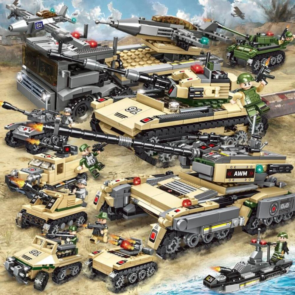 (Army-1000Pcs) 1000pcs Tank Building Blocks 8in1 Military Heavy Tank Model Building Block Army Toys For Boy