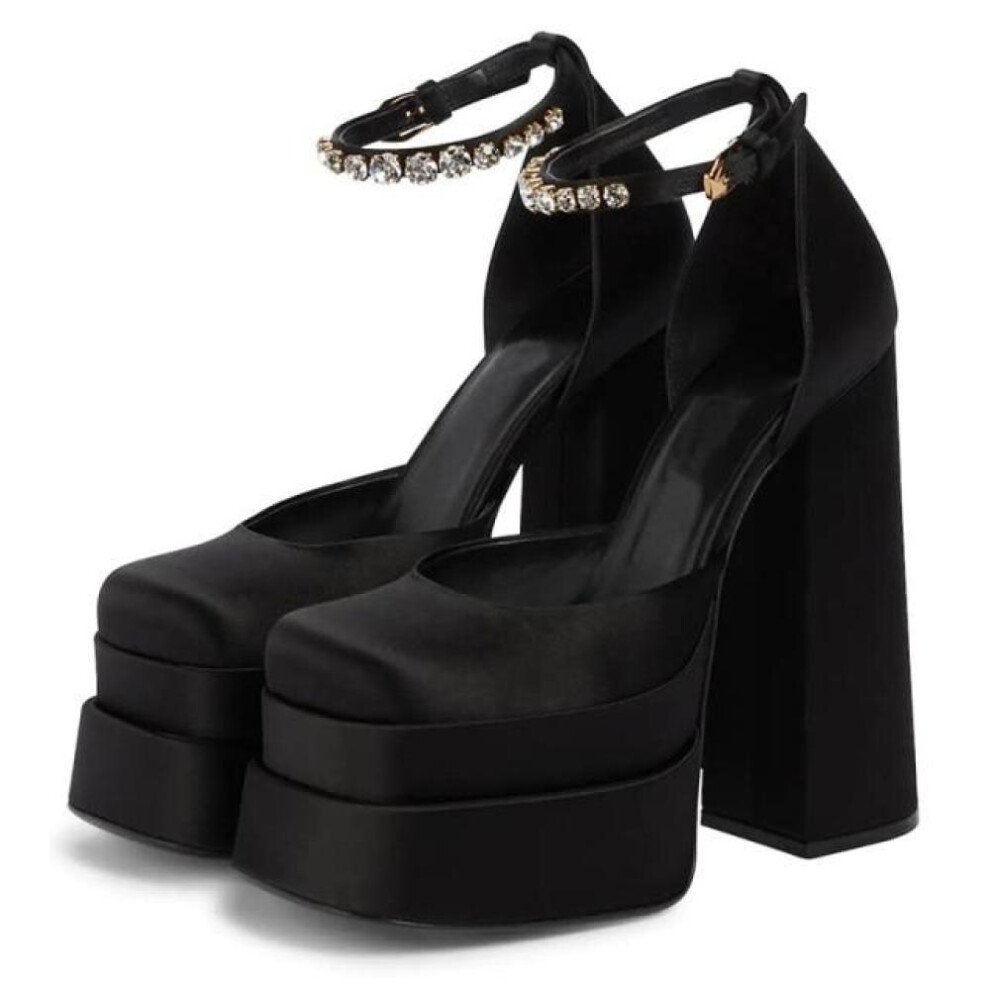 (black, 36) Women&apos;s Pumps High Heels Platform Sandals Sexy Dress Party Wedding Shoes Women Square Toe High Heel Crystal Female Sandal