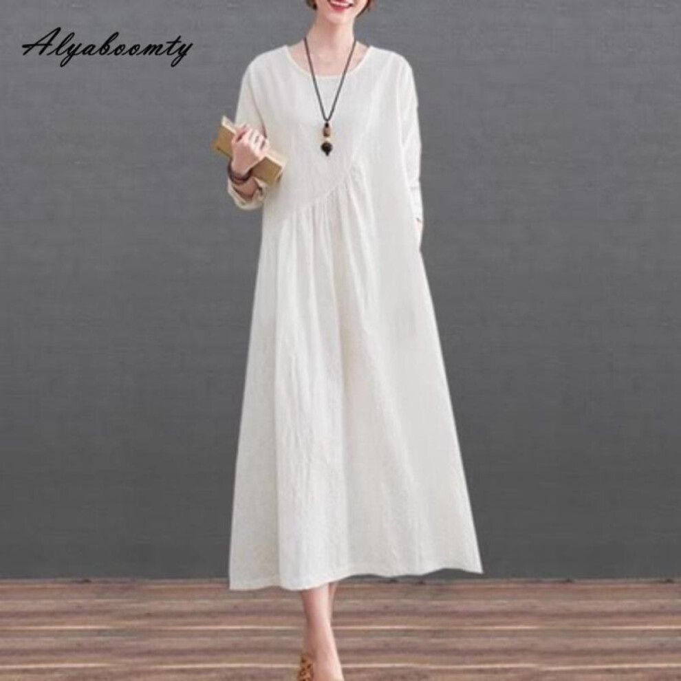 (white, M) Mori Girl Spring Autumn Women Solid Midi Dress O Neck Red Navy White Casual Loose Dress Long Sleeve Jacquard Cotton Dress With Pockets