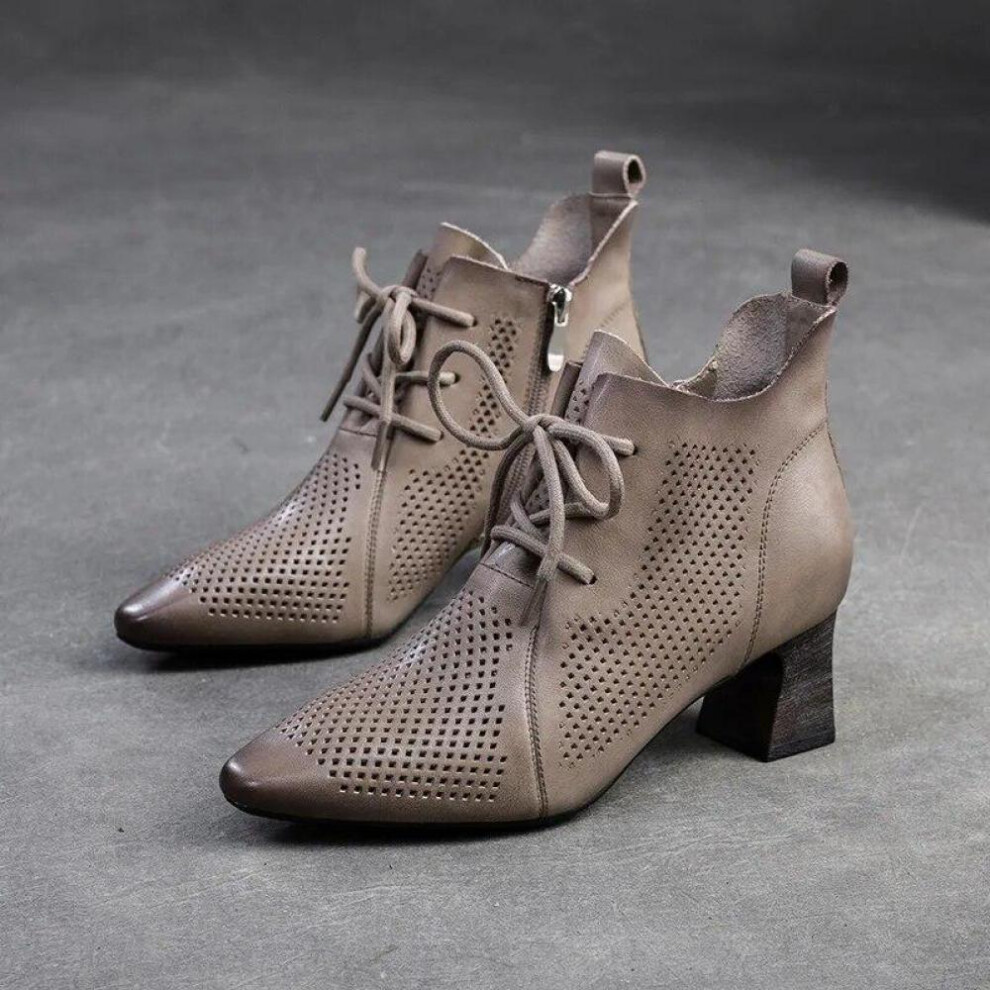 (khaki, 39) Johnature Pointed Toe High Heel Sandals Genuine Leather Breathable Hollow-out Boots Retro Women&apos;s Shoes