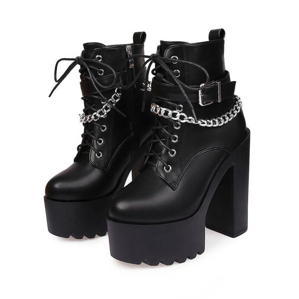(black, 35) Gothic Buckle Strap Ankle Boots Women Faux Leather Platform Block Chunky Heels Chain Ultra High Heels Motorcycle Boots