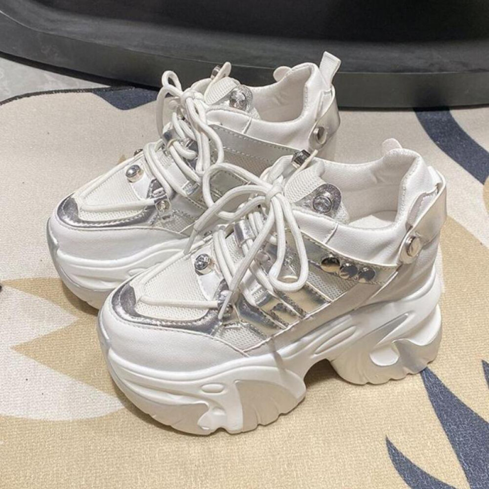 (white, 35) 10cm Women Chunky Sneakers Heels Lace-up High Platform Sports Shoes Woman Breathable Mesh Shoes Leather Sneakers