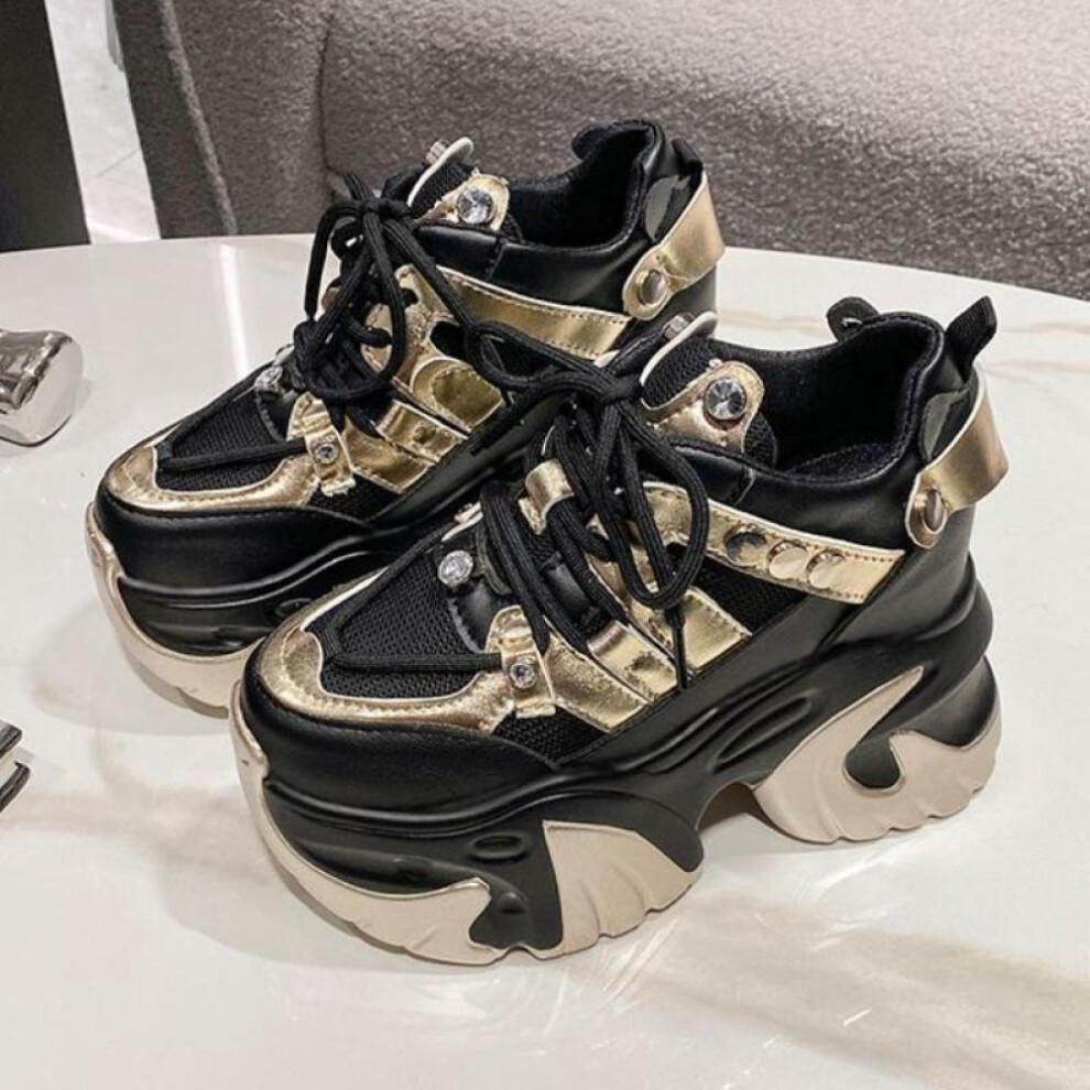 (black, 39) 10cm Women Chunky Sneakers Heels Lace-up High Platform Sports Shoes Woman Breathable Mesh Shoes Leather Sneakers