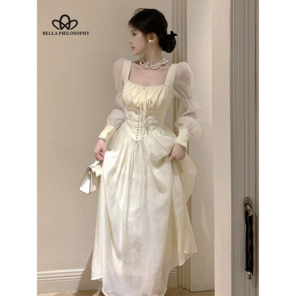 (apricot, M) Summer New French Elegant Fashion Fairy Long Dresses For Women Lantern Sleeve Beach Holiday Dress Female Party Dress