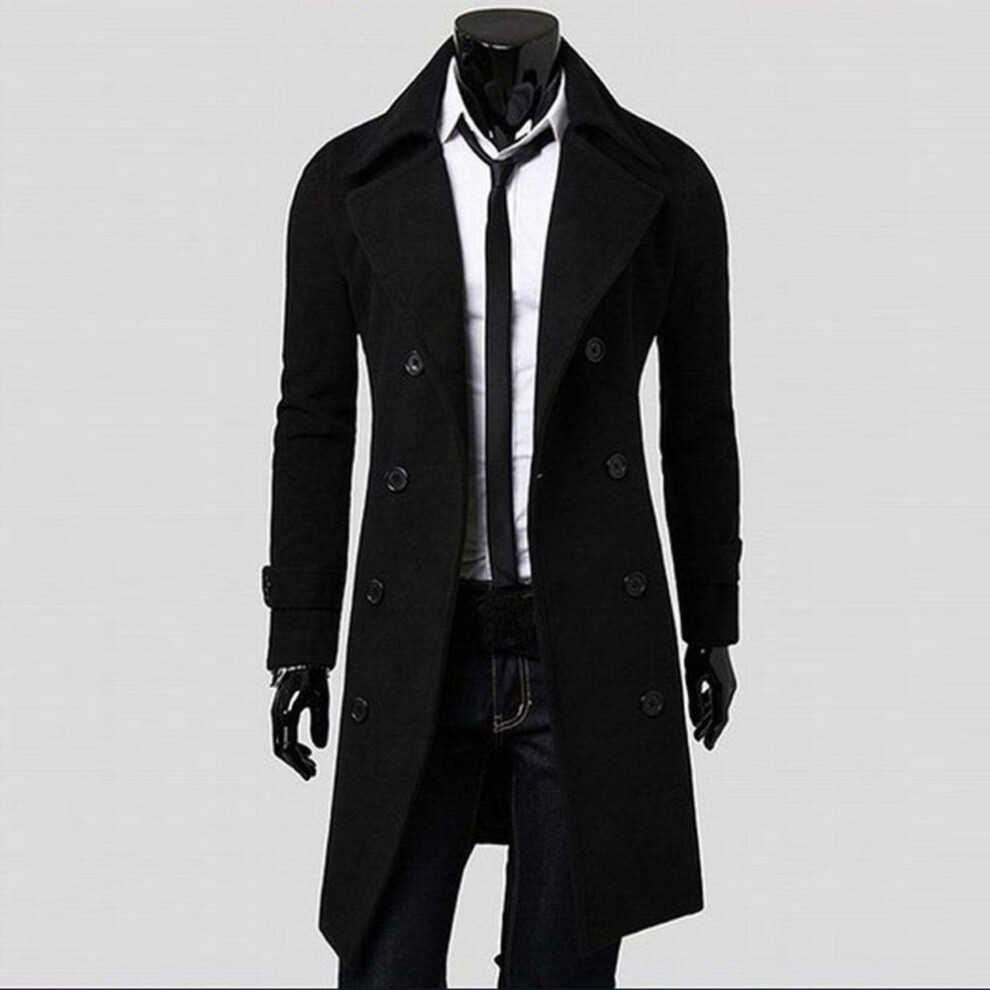 (black, XXXL) Winter Men Slim Stylish Trench Coat Double Breasted Long Jacket Coat