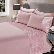 (King, Blush Pink) Crushed Velvet Panel Band Duvet Cover with Pillow Case Bedding Set - Silver Grey, Double