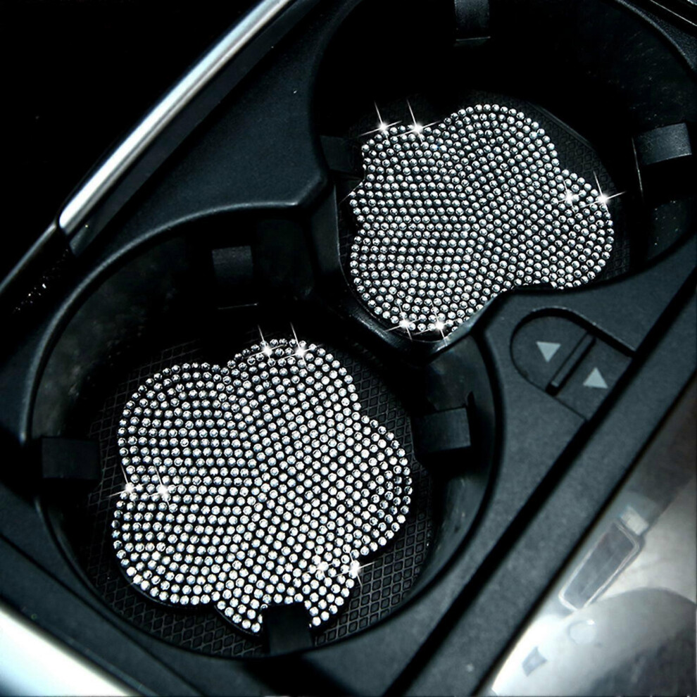 (White) 4Pcs Car Cup Coasters Cup Holder Mat Rhinestones Plum Blossom Coaster White 768679658723