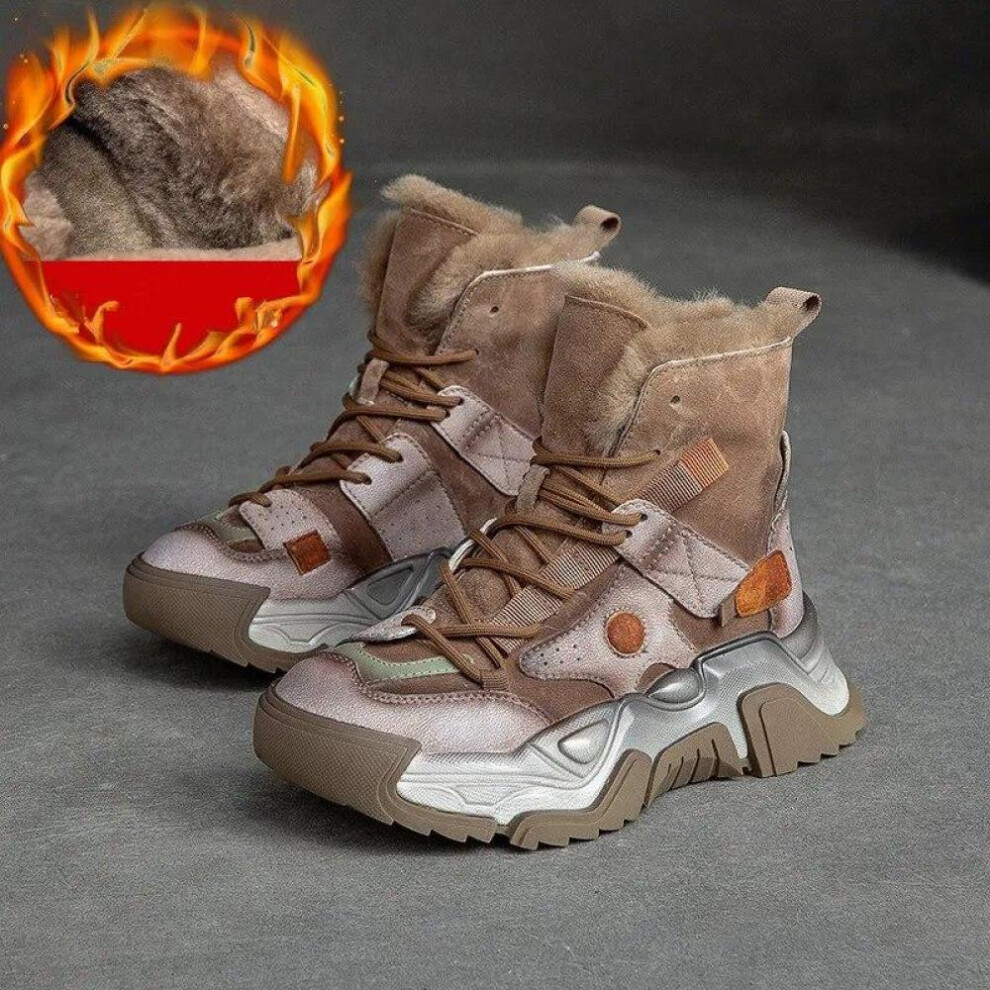 (brown, 38) Johnature Women Plush Warm Boots Genuine Leather Shoes Winter Round Toe Handmade Retro Ankle Thick Soled Short Boots