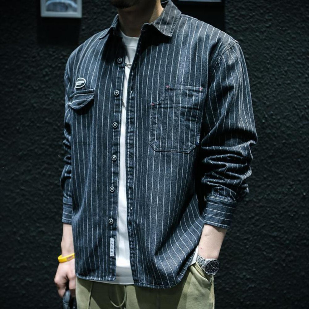 (blue, XXL) Spring And Autumn Denim Striped Long-sleeved Shirt Men Loose Tide Ins Large Size Casual Shirt Workwear Jacket