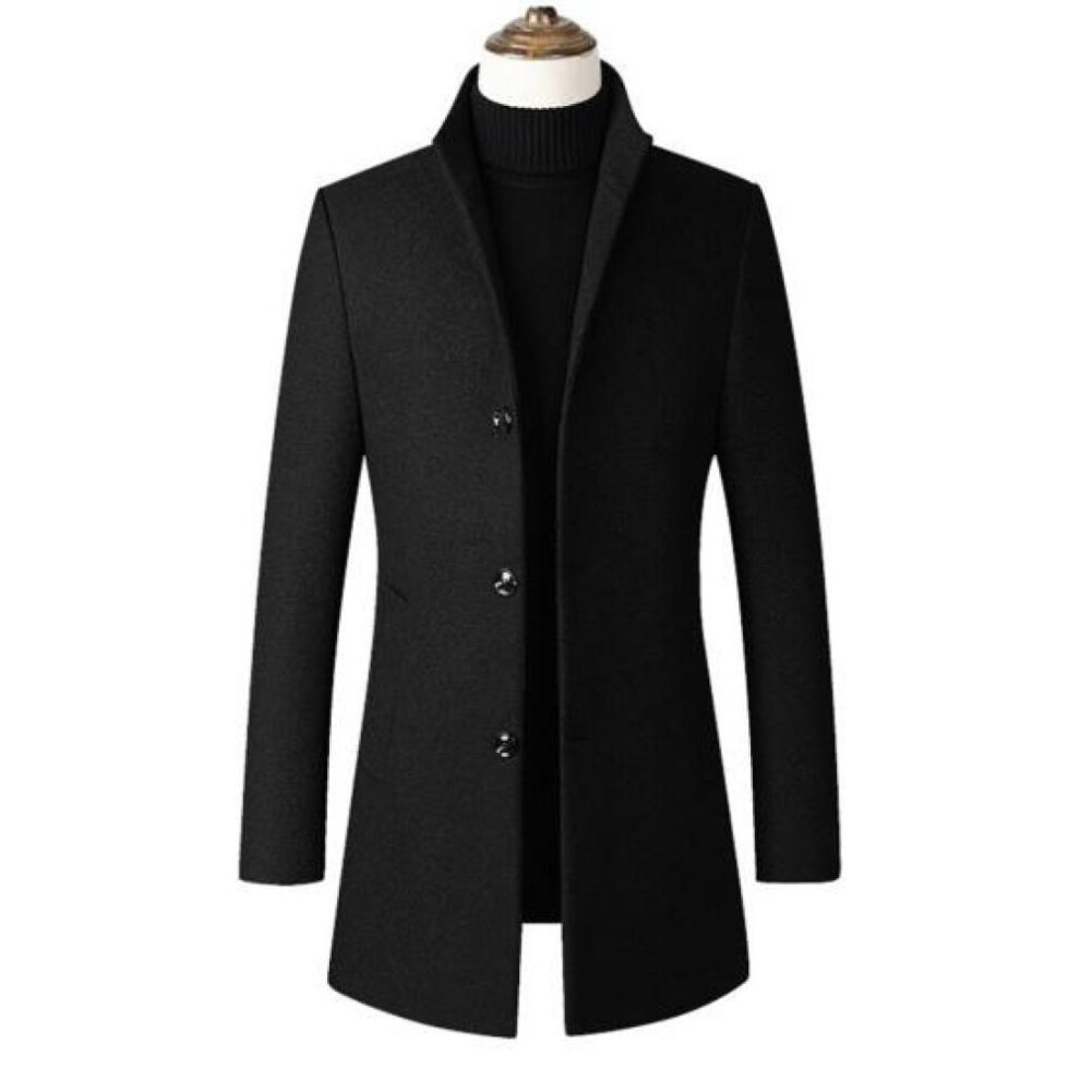 (black, XL) Men Fall Winter Trench Coat Stand Collar Single-breasted Straight Solid Color Long Sleeve Cardigan Thick Warm Pockets Mid Length Men Jacket