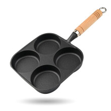 Nonstick Frying Pan 4-Cup Cast Iron Egg Pan Divided Grill Pan with Wooden Handle