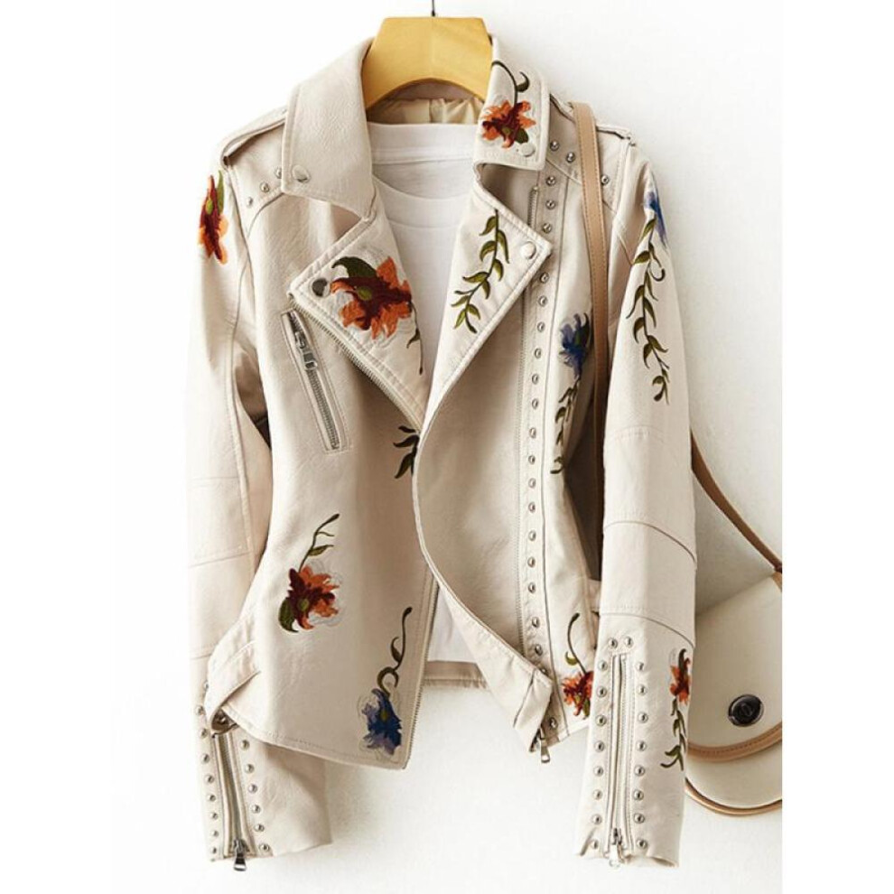 (tan, 2XL) Ladies Casual Waisted Pu Leather Jacket Embroidered Rivets Faux Leather Jacket Short Office Jacket
