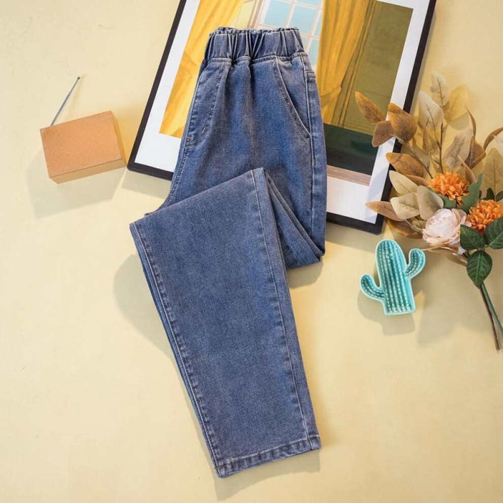 (blue, L) Dimanaf 2023 Plus Size Summer Jeans Long Pants Women Elastic Loose Basic Harem Pants Trousers Blue Jeans High Waisted