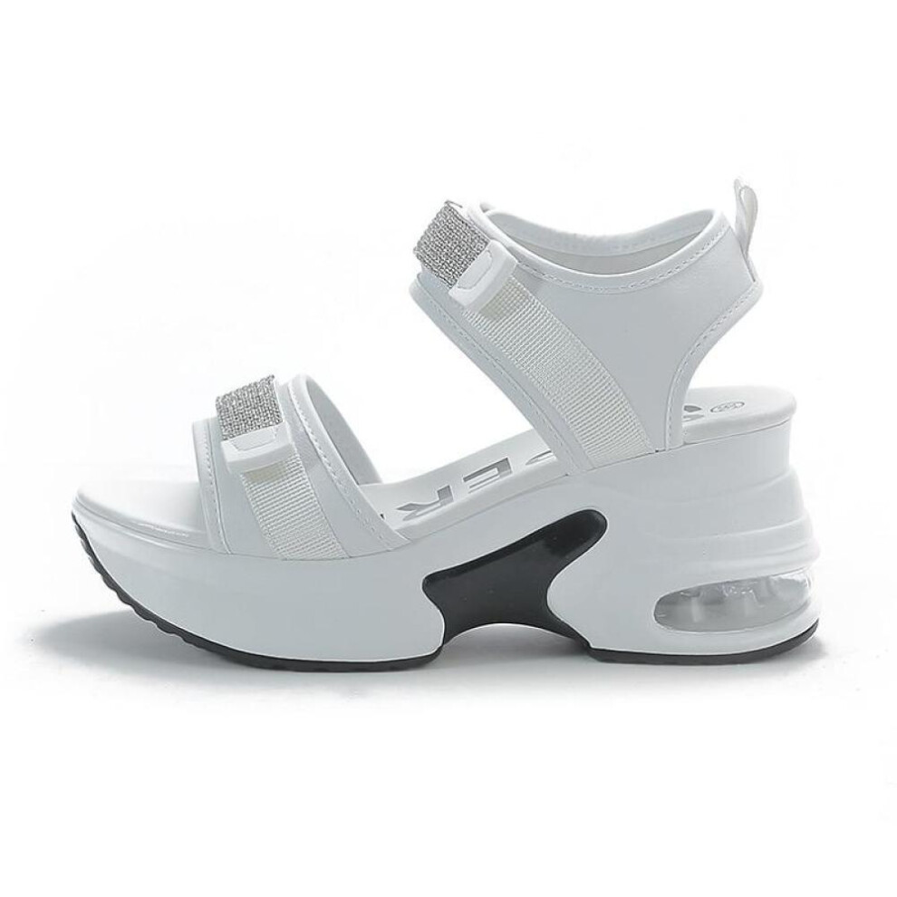 (white, 36) Fujin 8cm New Genuine Leather Sandals Women Rhinestone Comfy Shoes Fashion Bling Women Summer Platform Wedge Ladies Hook Lovely