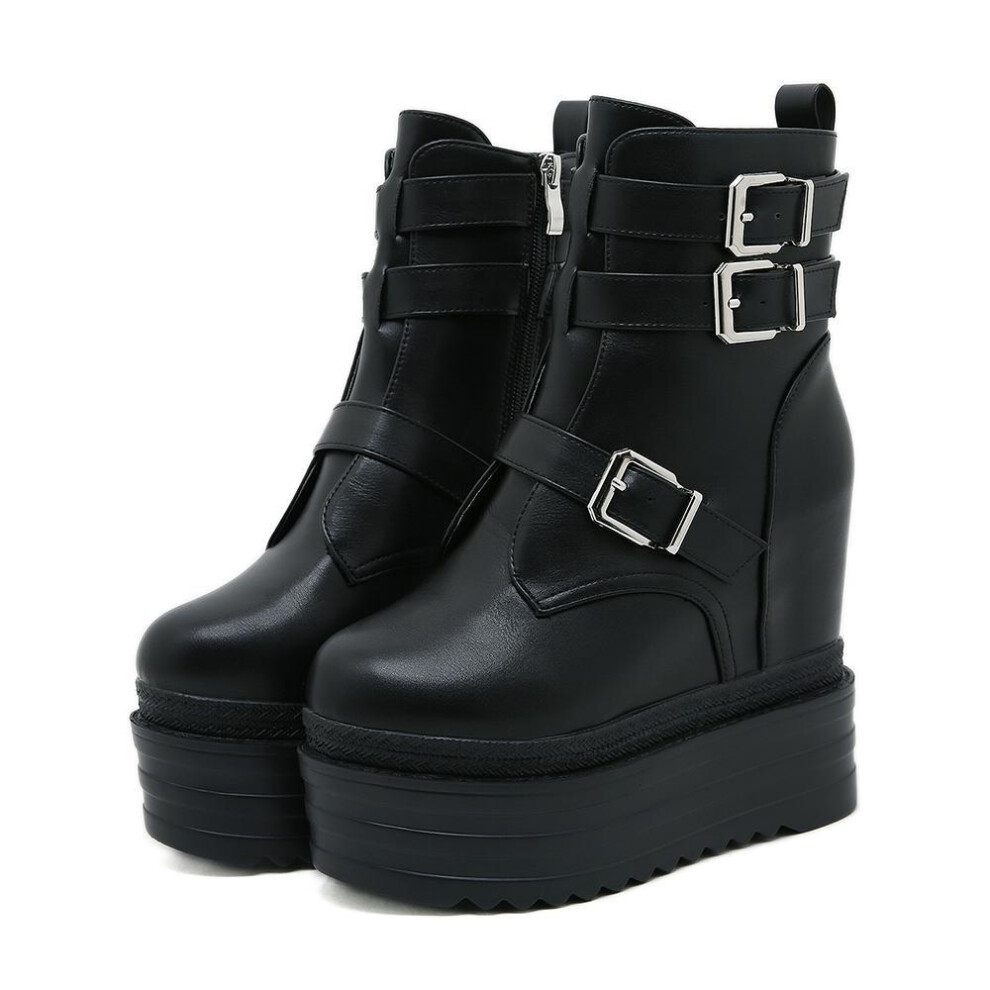 (black, 39) Gdgydh Women&apos;s Trendy Platform Boots Fashion Side Zipper Buckle Strap Design Stylish Mid Calf Boots Height Increasing