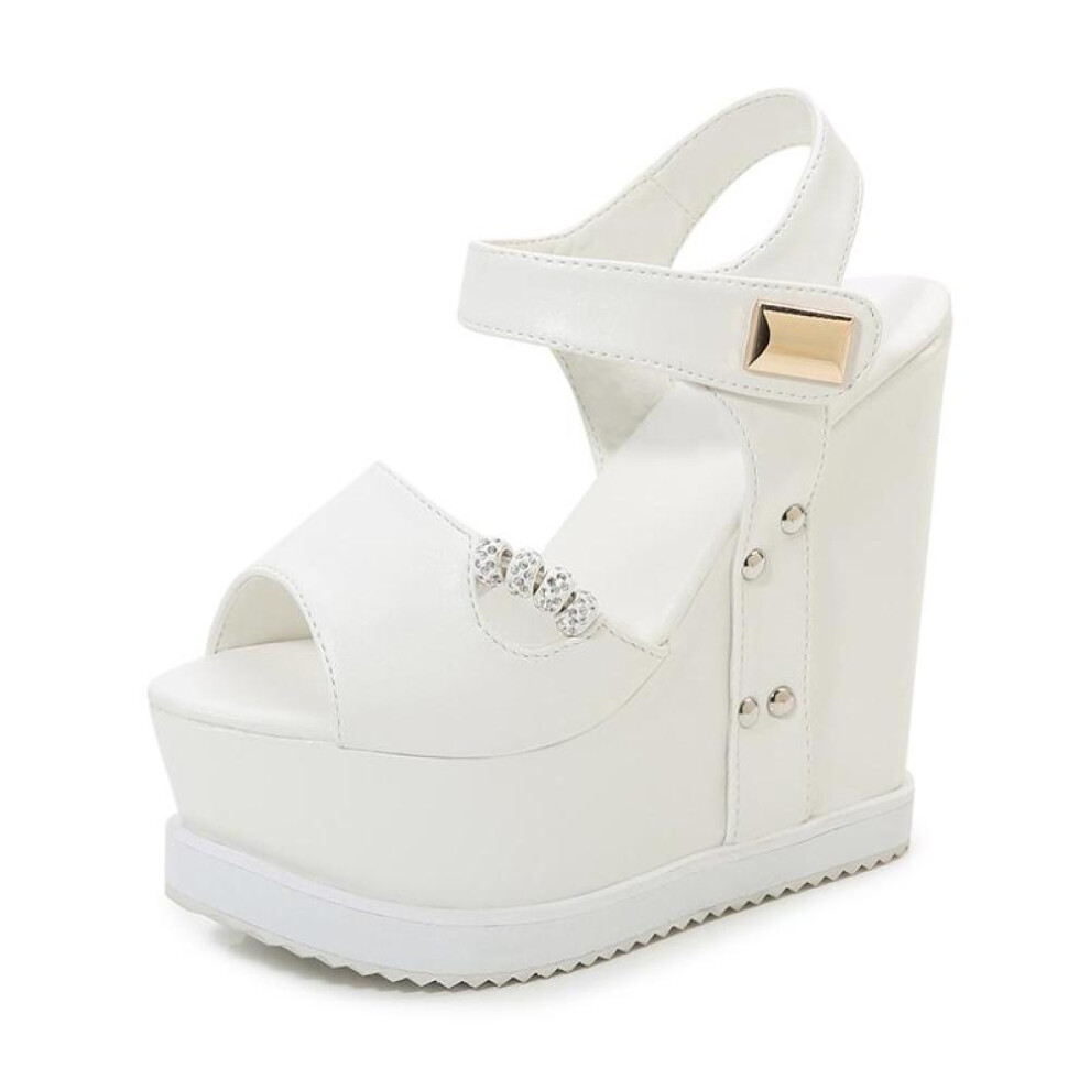 (white, 39) Gdgydh Summer Peep Toe Wedge Sandals Women Platform Increased Height Metal Decoration White Crystal Heeled Sandals Ankle Strap