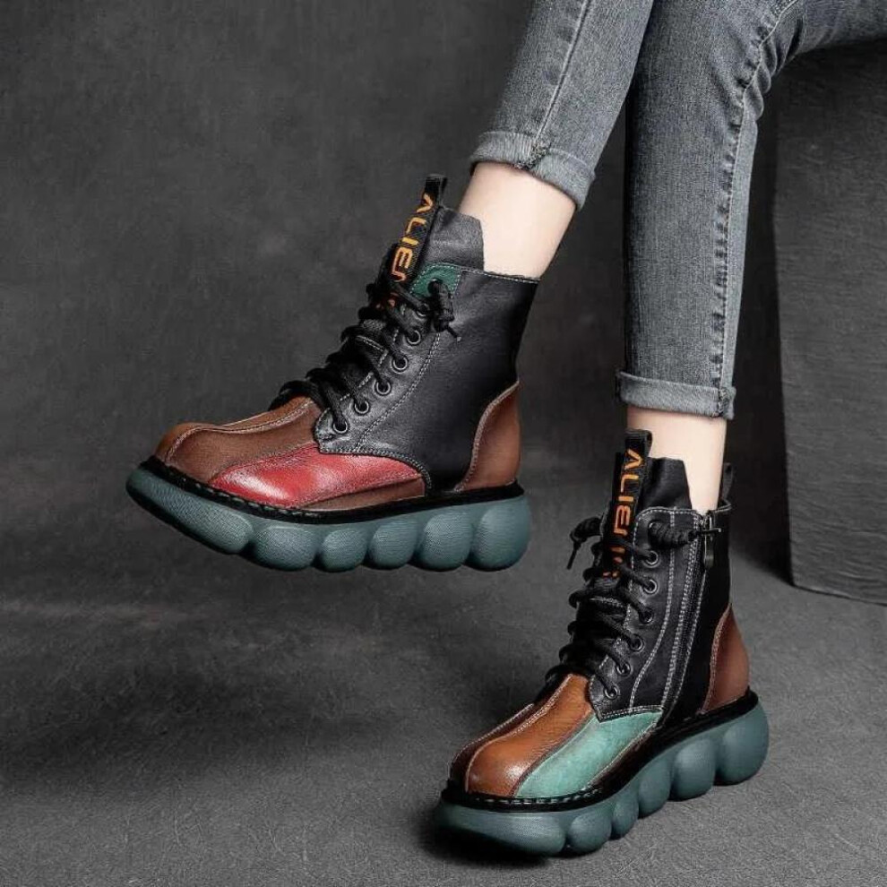 (black, 38) Autumn New Women&apos;s Short Boots Lace-up Thick Sole Rainbow Vintage Soft Leather Fashionable Color Blocking Martin Boots