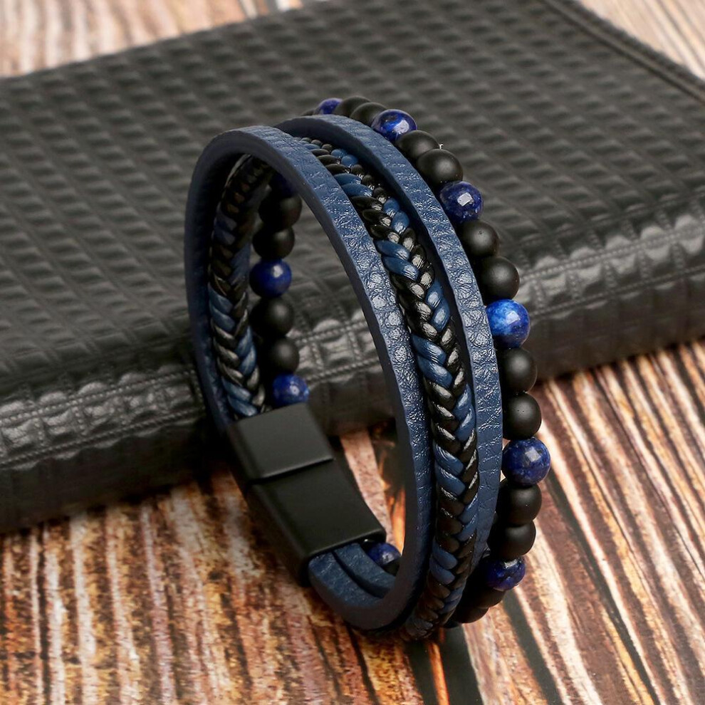 (blue, 23cm) Classic Fashion Tiger Eye Beaded Multi Layer Leather Bracelet For Men Hand-woven Leather Men Bracelets Punk Bangle Jewelry For Male