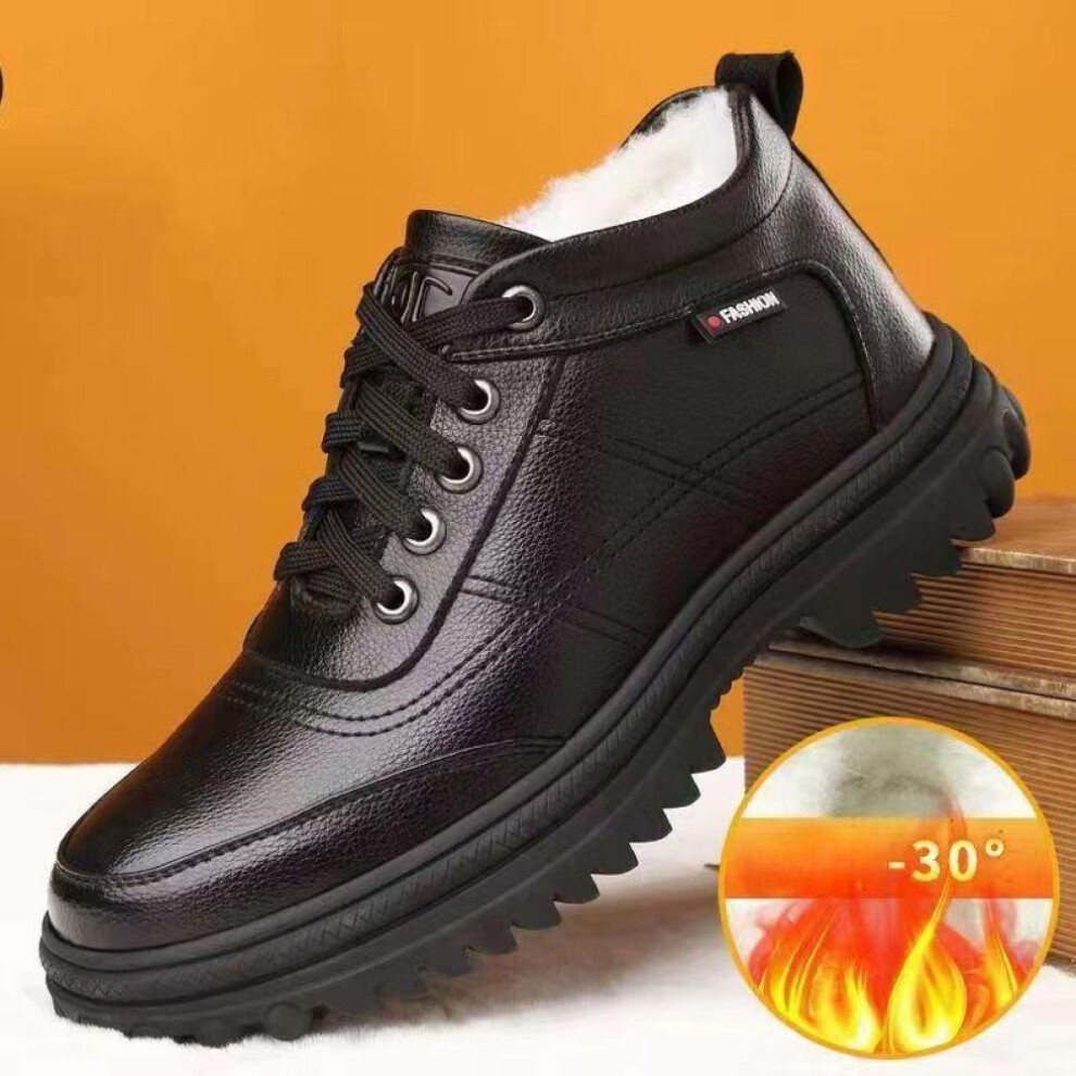 (black, 43) Winter Men's Warm Plush Thick Cotton Shoes, Snow Boots, Casual Leather Shoes