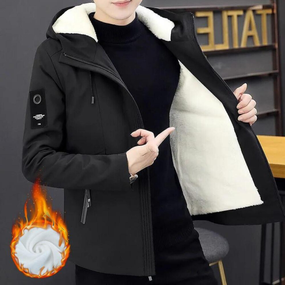 (black, XS) Xs-l Plus Velvet Wram Men Winter Clothes Windproof Fashion Jacket Windcheater Casual Hooded Coat Winter Loose Teenager Solid Color Hoodies For Men