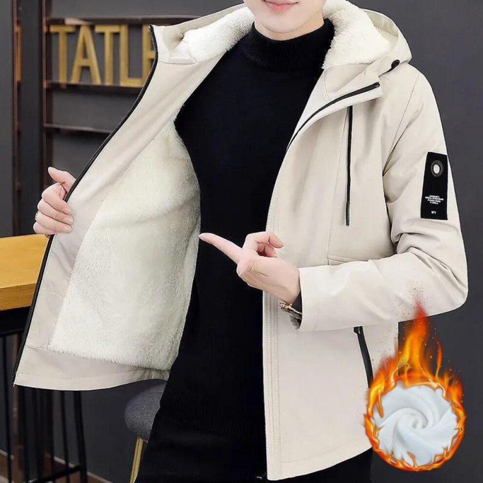 (beige, XS) XS-L Plus Velvet Wram Men Winter Clothes Windproof Fashion Jacket Windcheater Casual Hooded Coat Winter Loose Teenager Solid Color Hoodies for Men