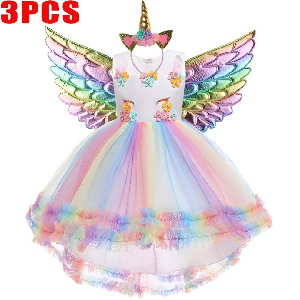 (white, 150CM) Summer Rainbow Unicorn Kids Party Dress For Girls Clothes Lace Birthday Wedding Princess Dresses Children Costume Vestido
