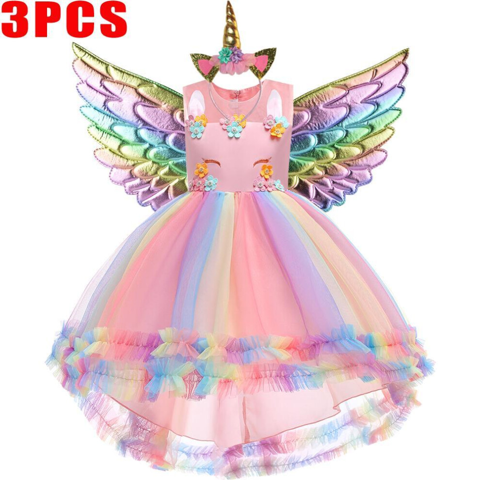 (pink, 150CM) Summer Rainbow Unicorn Kids Party Dress For Girls Clothes Lace Birthday Wedding Princess Dresses Children Costume Vestido