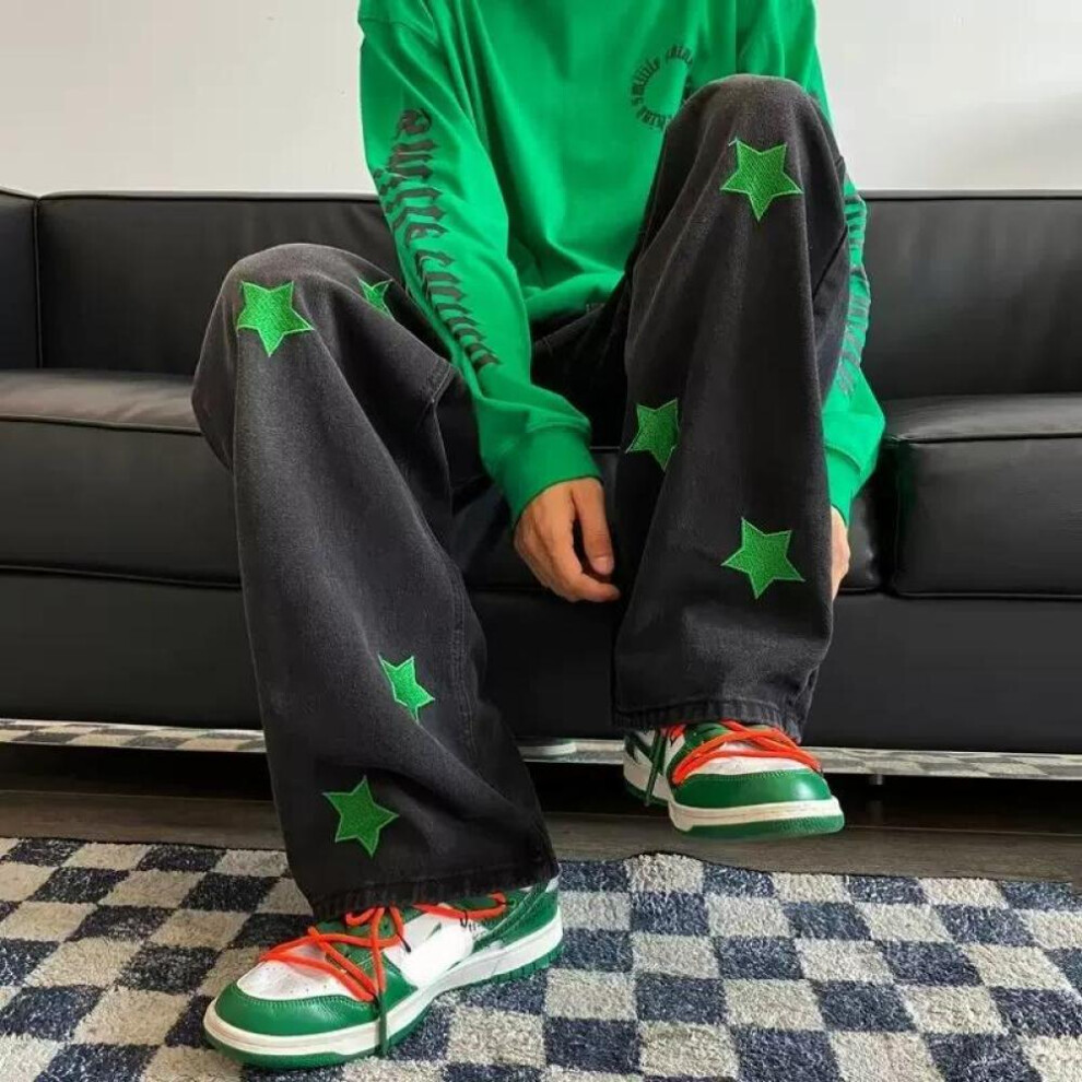 (black, 3XL) Vintage Men&apos;s Y2k Clothes Star Embroidery Baggy Jeans Loose Waist Straight Trousers Streetwear Techwear Jogging Wide Leg Pants Men